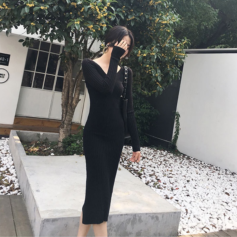 Đầm Dệt Kim Tay Dài Cổ Chữ V Thiết Kế Mới Thời Trang Mùa Thu Dành