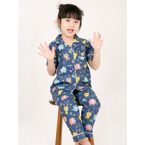 Đồ bộ ngủ Pijama cho bé gái áo cộc quần dài màu xanh hình thở voi