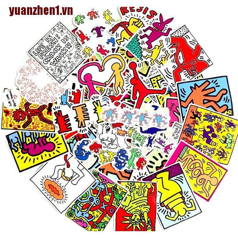Set 1 / 50 Sticker Keith Haring Chống Thấm Nước Dùng Trang Trí Ván Trượt / Guitar / Laptop
