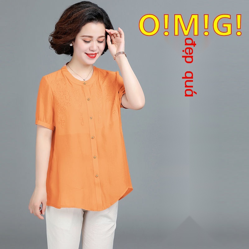Kiểu dáng phương tây áo thun nữ trung niên 50 tuổi voan ngắn tay plus size