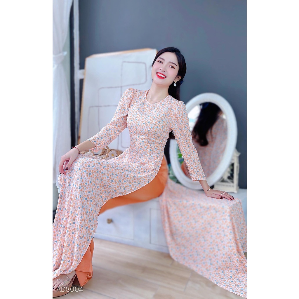 Áo dài nữ cách tân tay phồng họa tiết hoa lá không kèm quần CHUU AD8004