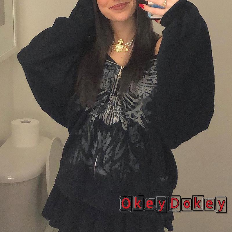 Áo Khoác Cardigan Tay Dài Có Khóa Kéo In Hình Bướm Vintage Y2K Dành Cho Nữ