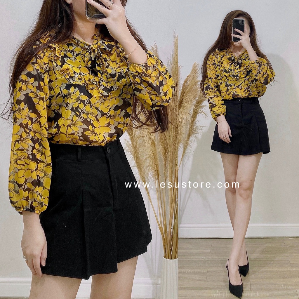 ẢNH TỰ CHỤP Áo voan hoa cổ nơ bo tay