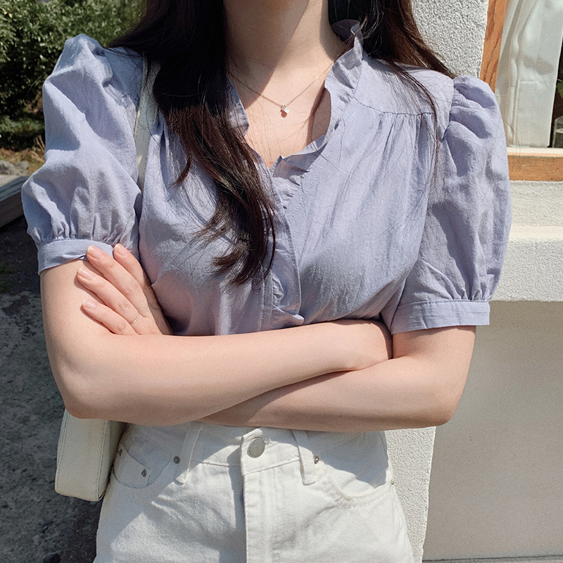 Áo sơ mi nữ bèo nhún màu trơn tay ngắn phong cách mới 43046