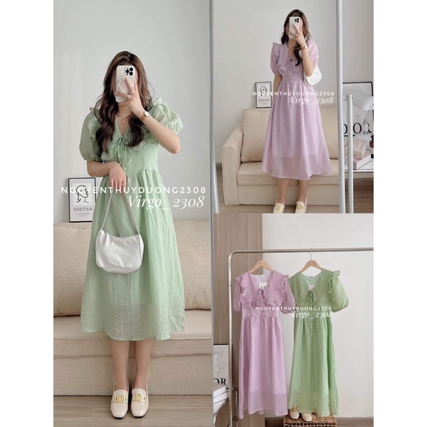 VÁY TƠ CỔ BÈO VUÔNG THẮT NƠ DÁNG MIDI TIỂU THƯ