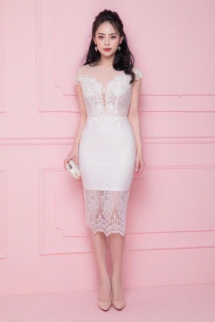 (ẢNH THẬT) Đầm tiệc body ren lưới ánh, trắng kết ngọc, hoa 3D - M