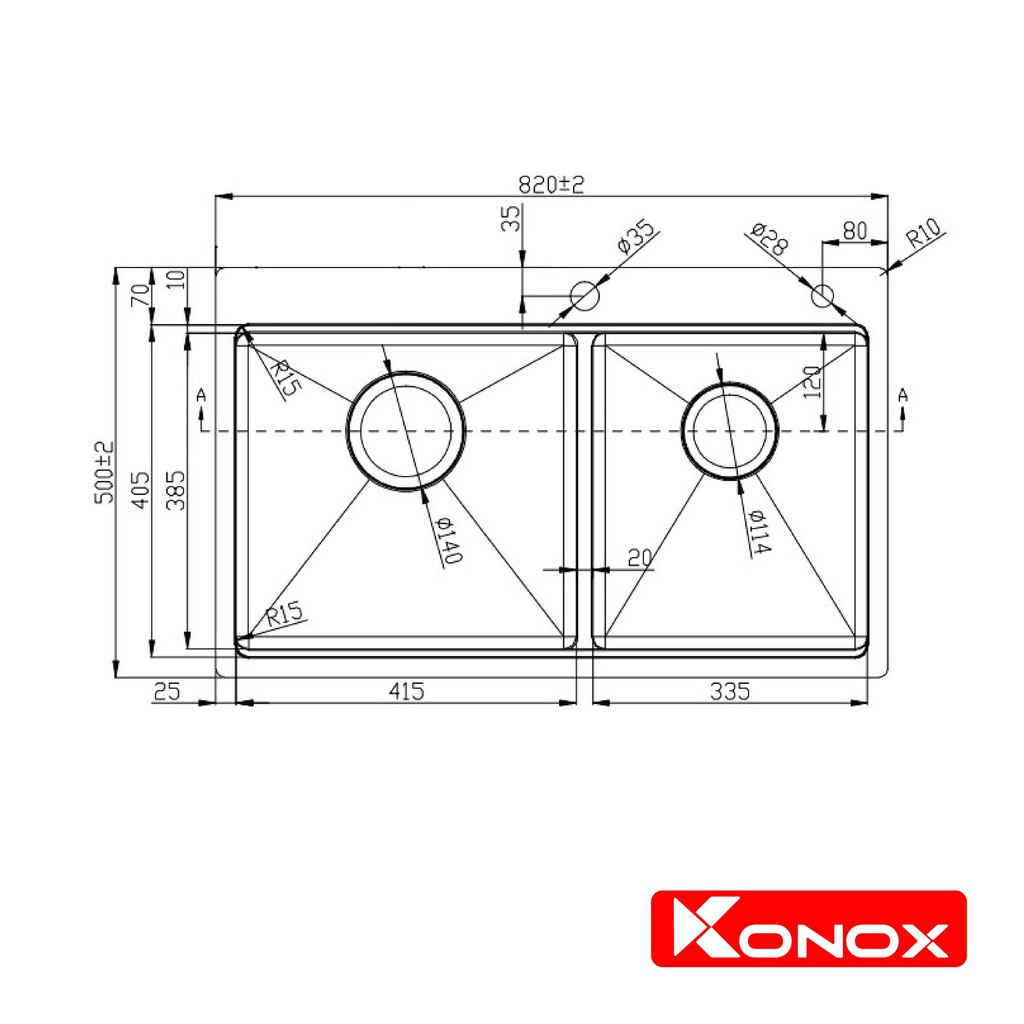 Chậu rửa bát cao cấp KONOX Topmount Series KN8250TD, inox 304AISI, full set gồm Siphon+Thớt gỗ+Rollmat