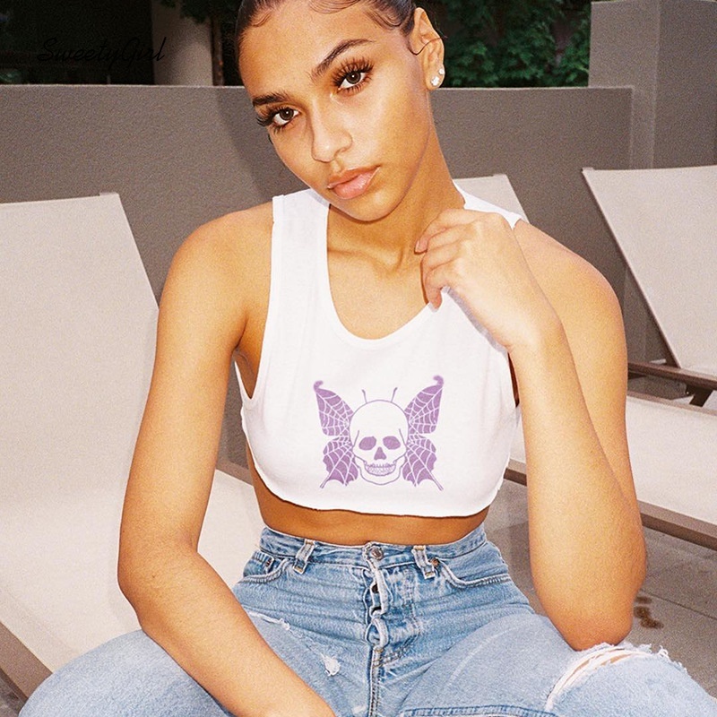 Áo Tank Top Cổ Tròn In Họa Tiết Đầu Lâu Phong Cách Punk Thời Trang Cho Nữ