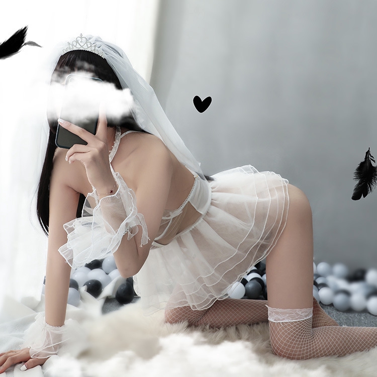 Bộ đồ lót Yubangcar1 hoá trang kiểu cô dâu có mạng che mặt xuyên thấu quyến rũ