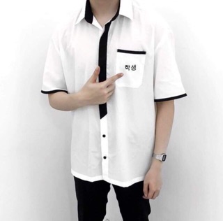 Áo sơ mi chữ hàn phối viền đen