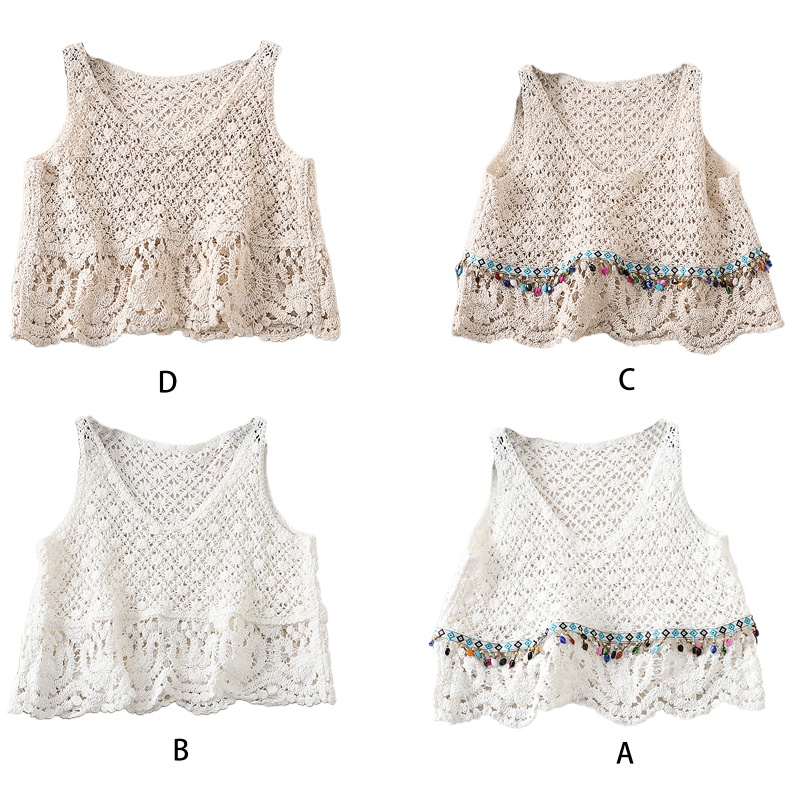 Áo Croptop Dệt Kim Sát Nách Cổ Chữ V Phối Tua Rua Nhiều Màu Phong Cách Boho Thời Trang Cho Nữ