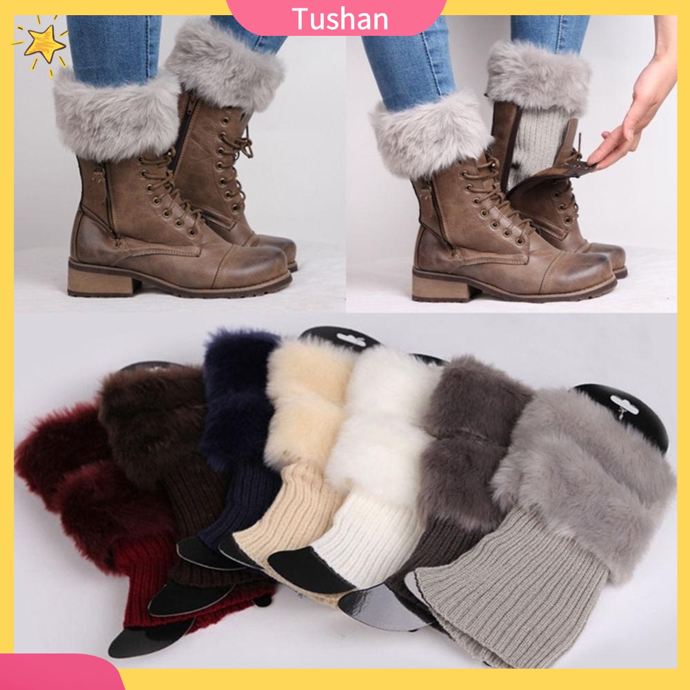 TUSH Winter Women Warm Faux Fur Crochet Knit Leg Warmers Boot Socks Toppers Cuffs