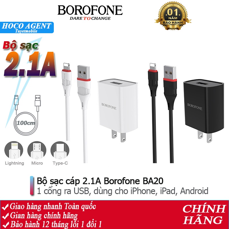 Bộ sạc cáp Borofone BA20 cổng USB 2.1A đầu Lightning/ Micro/ Type-C dây dài 1m - Chính hãng