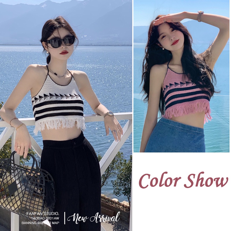 Áo Hai Dây Dệt Tay Phối Tua Rua Thời Trang Mùa Hè Quyến Rũ Cho Nữ