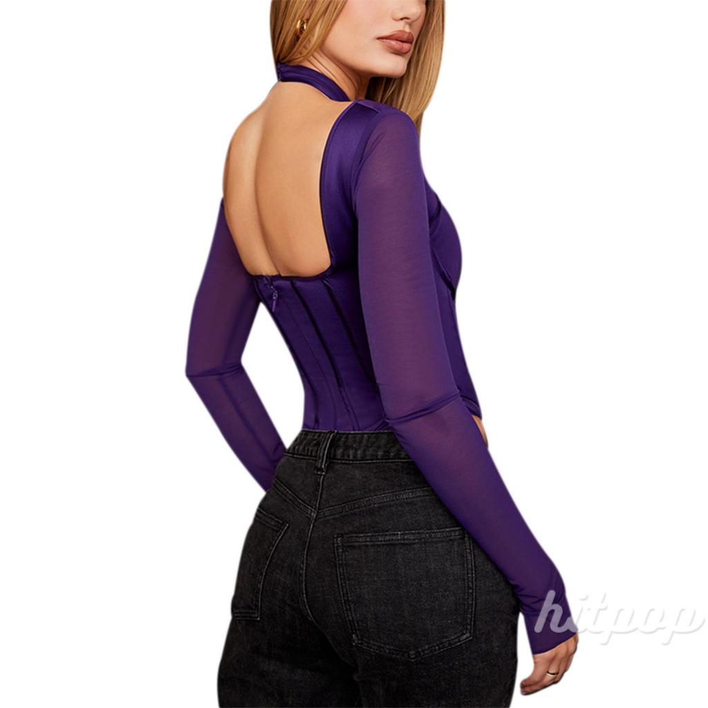 Hitpop-Women See-through Patchwork Bodysuit, Adults Backless Solid Color Long Sleeve Halter Romper