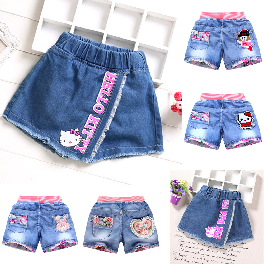Quần Short jean kiểu Hàn Quốc in hoạt hình Kitty dễ thương cho bé gái 2-12 tuổi 100-150cm