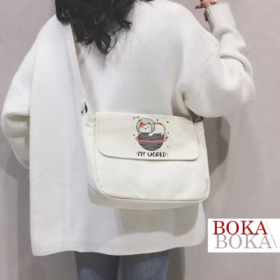 Túi Tote Đeo Chéo Vải Canvas Mèo My World Phong Cách Ulzzang