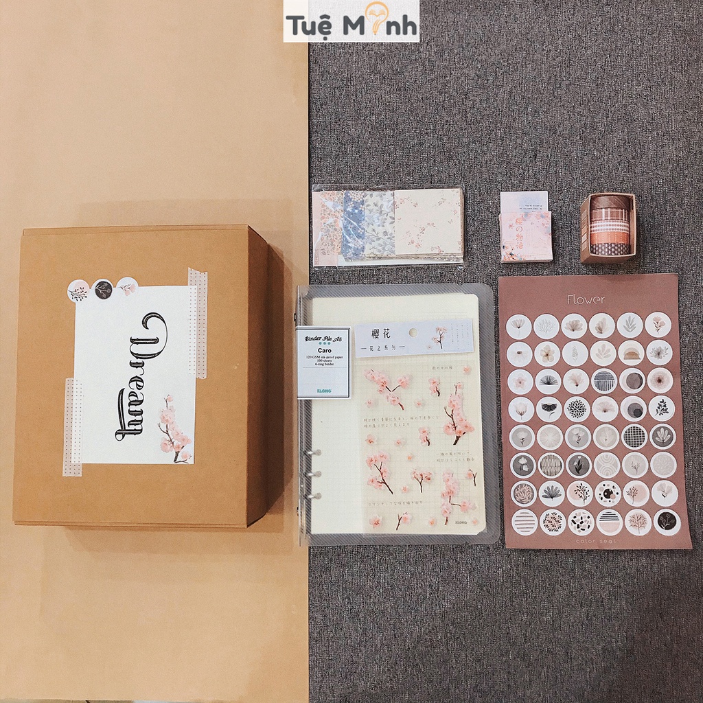 Set trang trí sổ Bullet journal Dream - bộ quà tặng sổ còng binder Klong, sticker, note, washi tape Luv100