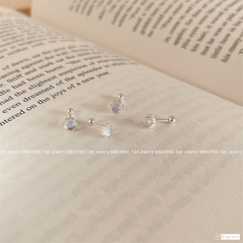 Khuyên tai bạc nữ TLEE hạt tròn đá moonstone lấp lánh bạc 925 cao cấp chốt vặn TleeJewelry B0125