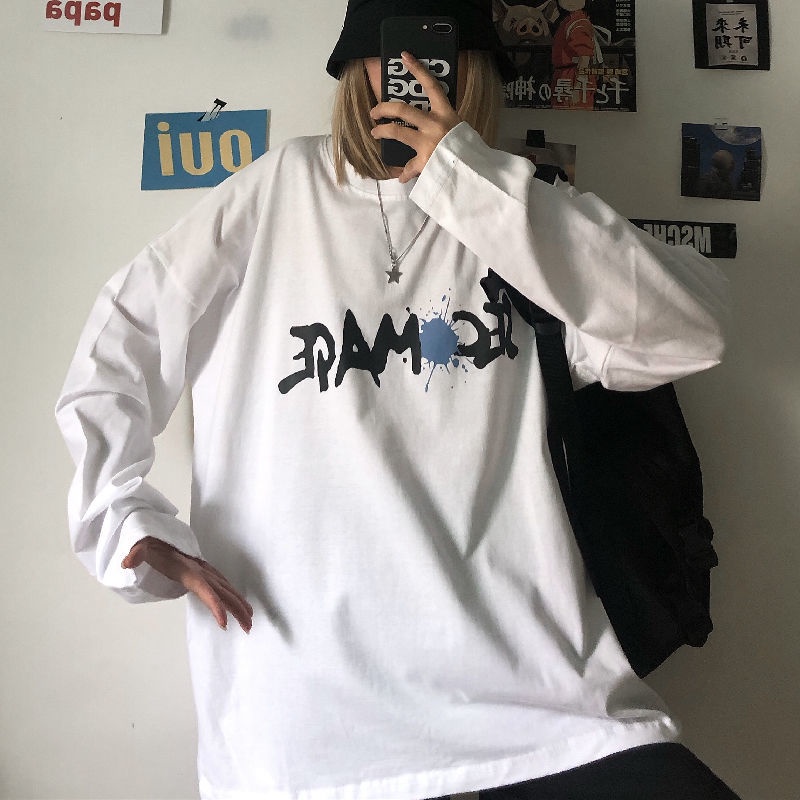 NRVP Áo Thun 100% Cotton Tay Dài Dáng Rộng In Họa Tiết Phong Cách Hàn Quốc Cho Nữ