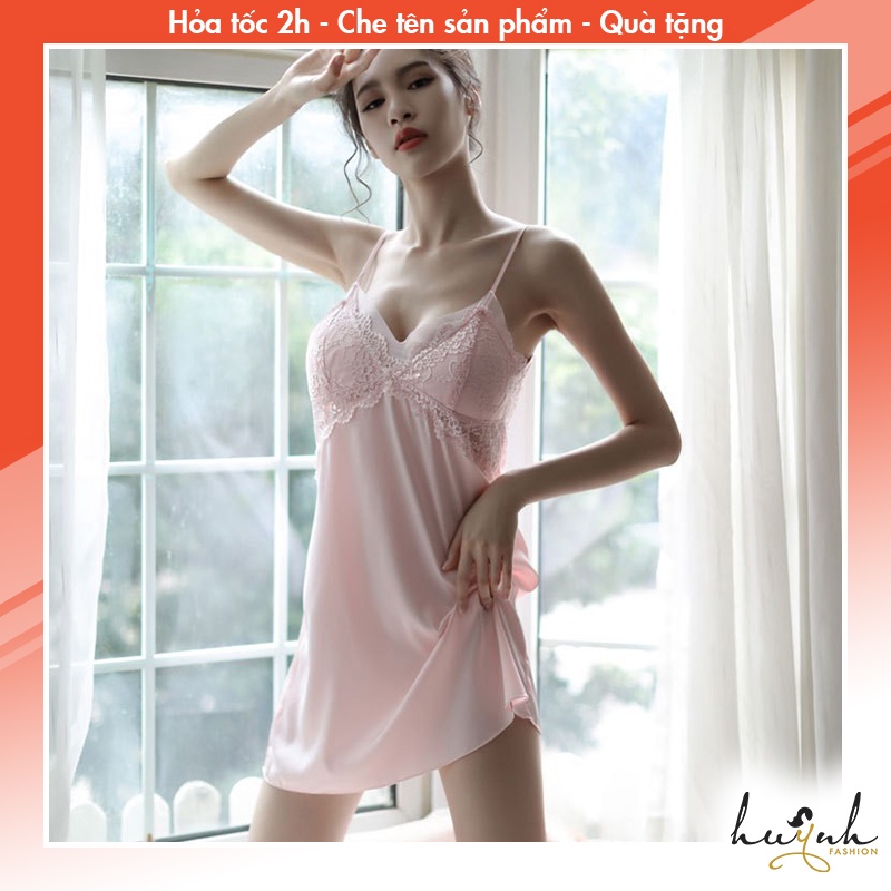 Đầm ngủ hai lây lụa phối ren có đệm ngực - N70