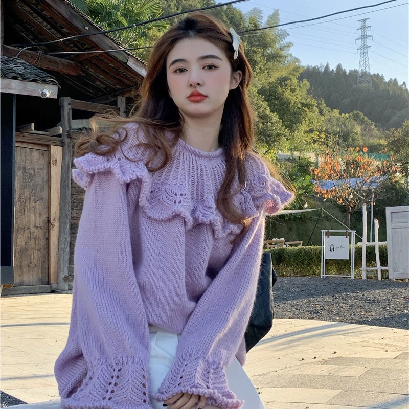 Áo Len Tay Dài Cổ Tròn Nhún Bèo Đơn Giản Thời Trang Phong Cách Hàn Quốc