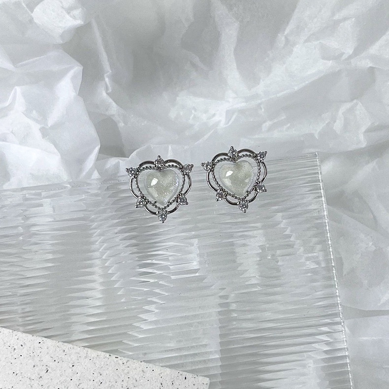 Khuyên Tai Hình Trái Tim Đính Ngọc Trai Phong Cách retro Hàn Quốc