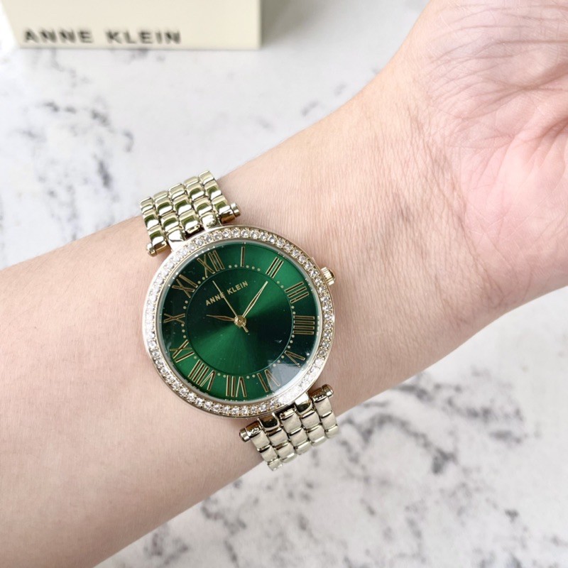 Đồng hồ nữ ANNE KLEIN viền pha lê Swarovski mặt xanh ngọc lục sang trọng model  AK/2230GNGB