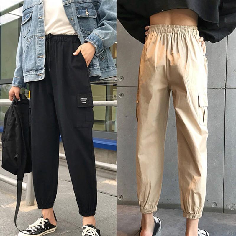 Quần dài lưng cao màu trơn phong cách Harajuku thời trang cho nam và nữ