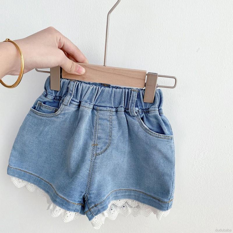 Quần Short Bé Gái Vải Denim Viền Ren Thoải Mái Đáng Yêu Cho Trẻ 1-6 Tuổi