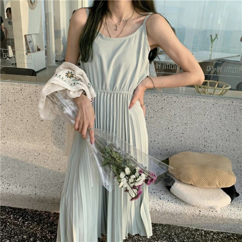 6:30PM Order Set áo khoác len mỏng thêu hoa váy maxi hai dây dáng dài ulzzang xếp li