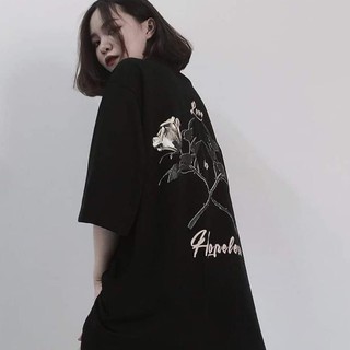 [Hàng Cao Cấp] Áo phông Nữ thun tay lỡ Đen Love Rose form rộng Unisex Oversize - Từ 35-68kg