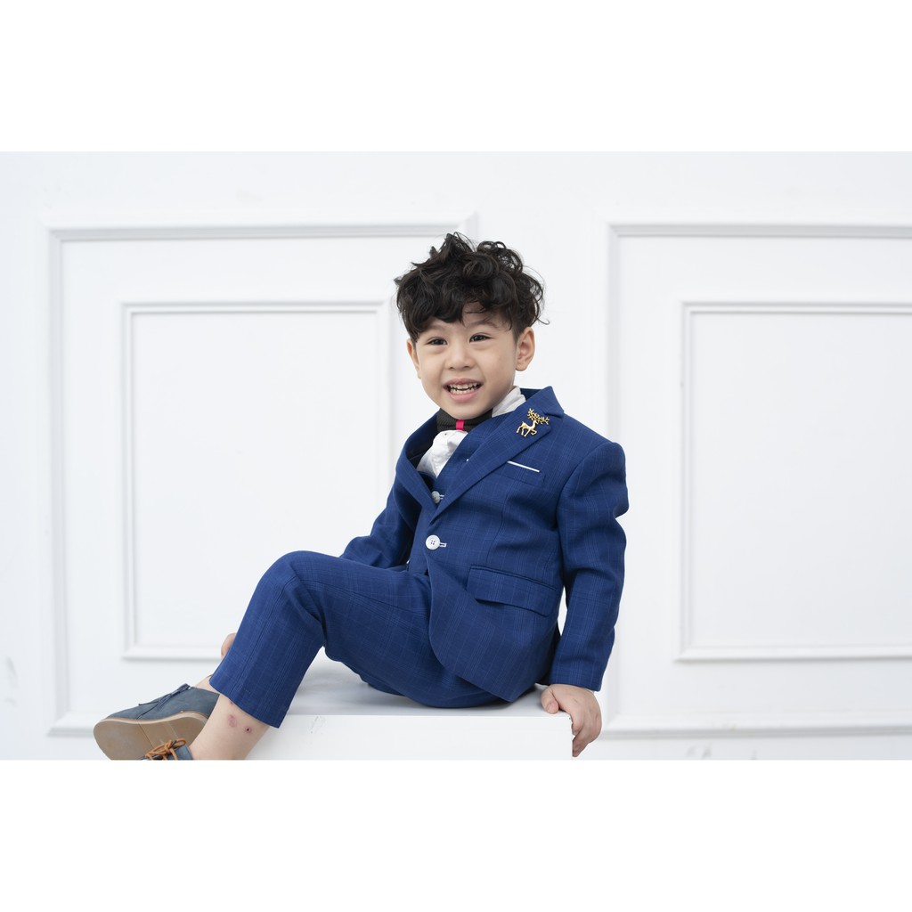 Bộ vest bé trai màu xanh kẻ mờ