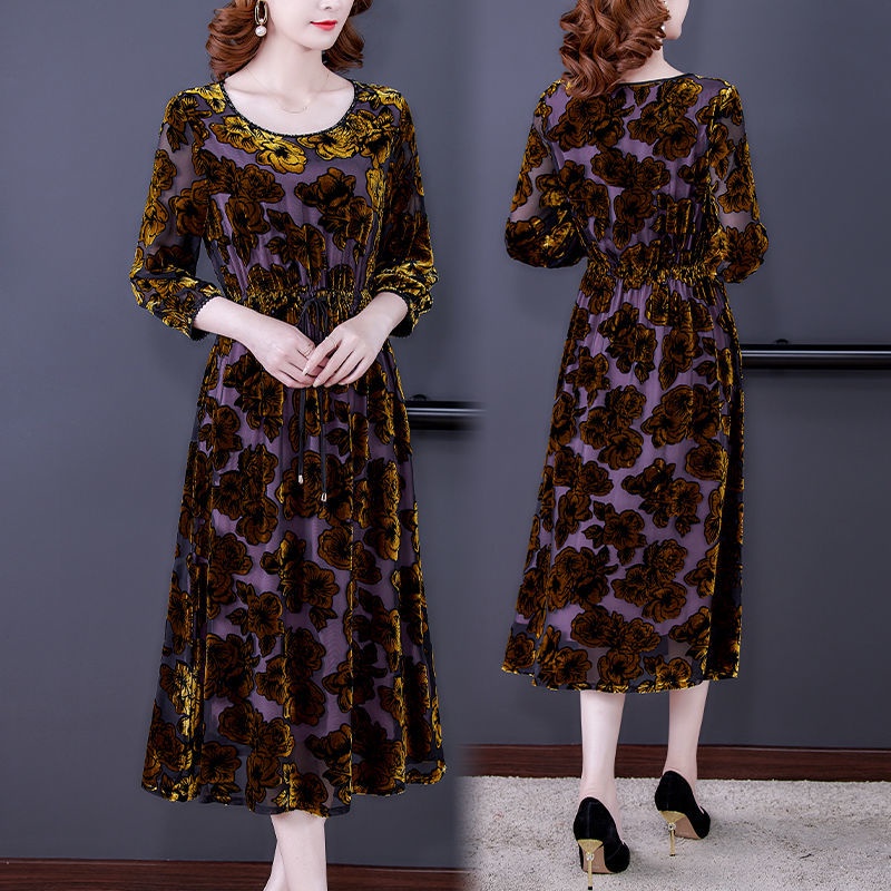 Đầm Nhung Dài Tay Plus Size Phong Cách Phương Tây Xuân Thu 2022 Cho Phụ Nữ Trung Niên