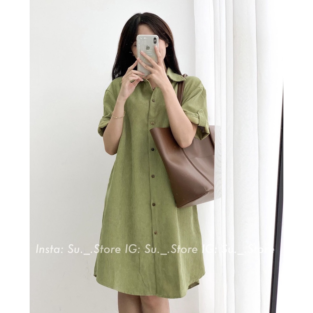 Váy sơ mi nhung tăm dáng Hàn oversize 2022