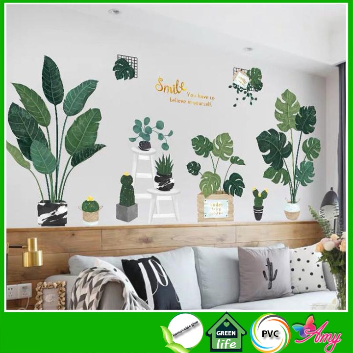 Decal dán tường 3D phong cách Hàn Quốc chậu cây tươi xanh - decalhcm