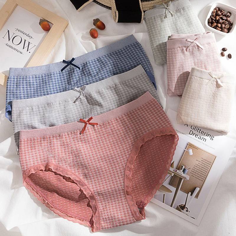 Quần Lót Cotton Tôn Dáng Nữ Muối Tiêu Kẻ Caro Kháng Khuẩn Chống Viêm Viền Ren Gợi Cảm Đính Nơ Dễ Thương