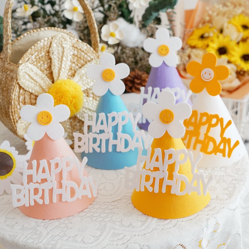 Mũ sinh nhật vải dạ hoa cúc 3D, mũ Happy Birthday phong cách Hàn Quốc - Kemshop K316