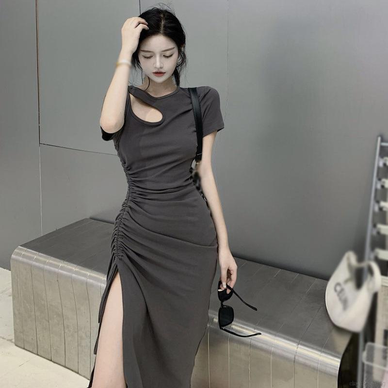 Đầm Nữ Dáng Ôm Xẻ Tà Phối Dây Rút Nhấn Eo Kiểu Pháp Thanh Lịch