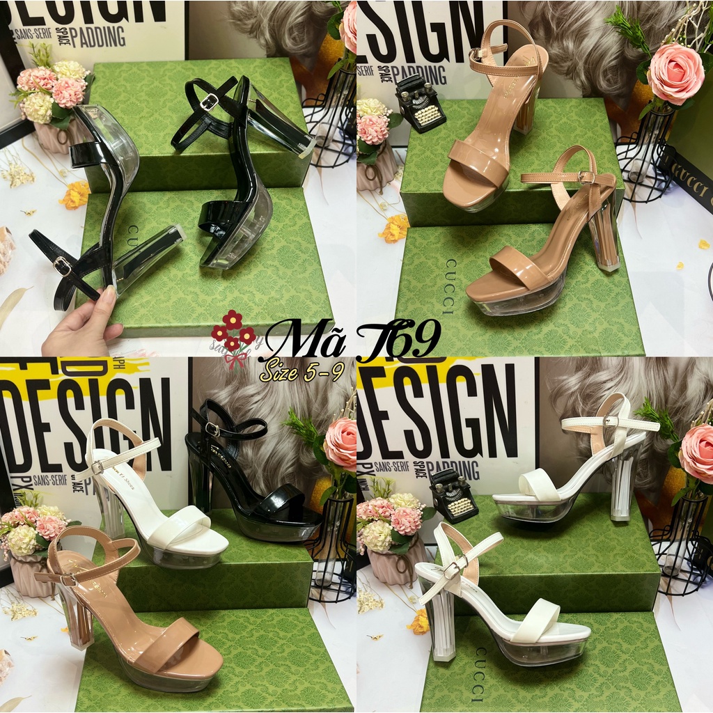 Giày Sandal Cao Gót Nữ Đế Vuông 12 Phân Đúp Trước T69