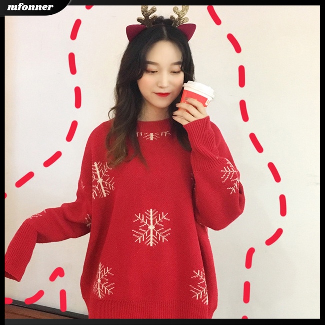 Áo Sweater Dệt Kim Tay Dài Cổ Tròn Dáng Rộng In Hoạt Hình Giáng Sinh Thời Trang Cho Nữ