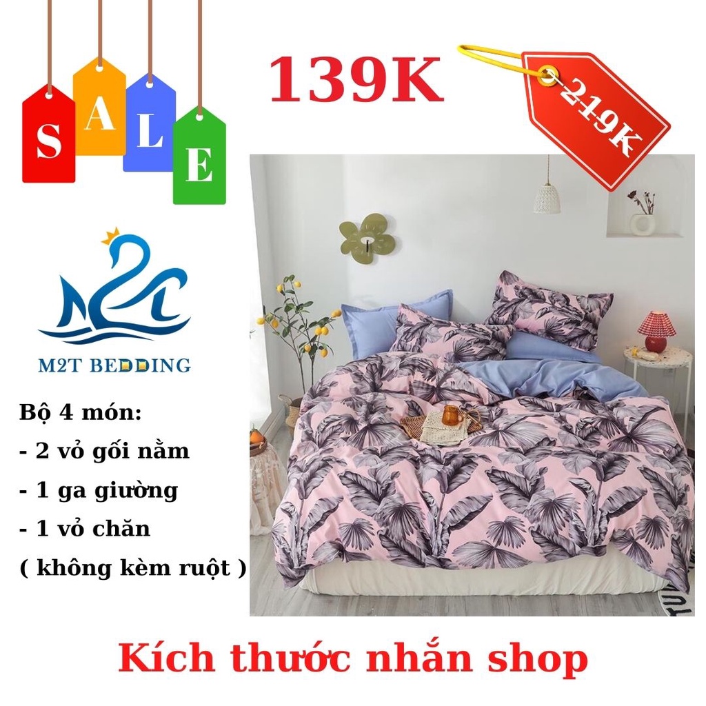 Bộ vỏ chăn ga gối Cotton poly M2T bedding gồm vỏ chăn mền, drap ga giường và 2 vỏ gối nằm - Xả kho