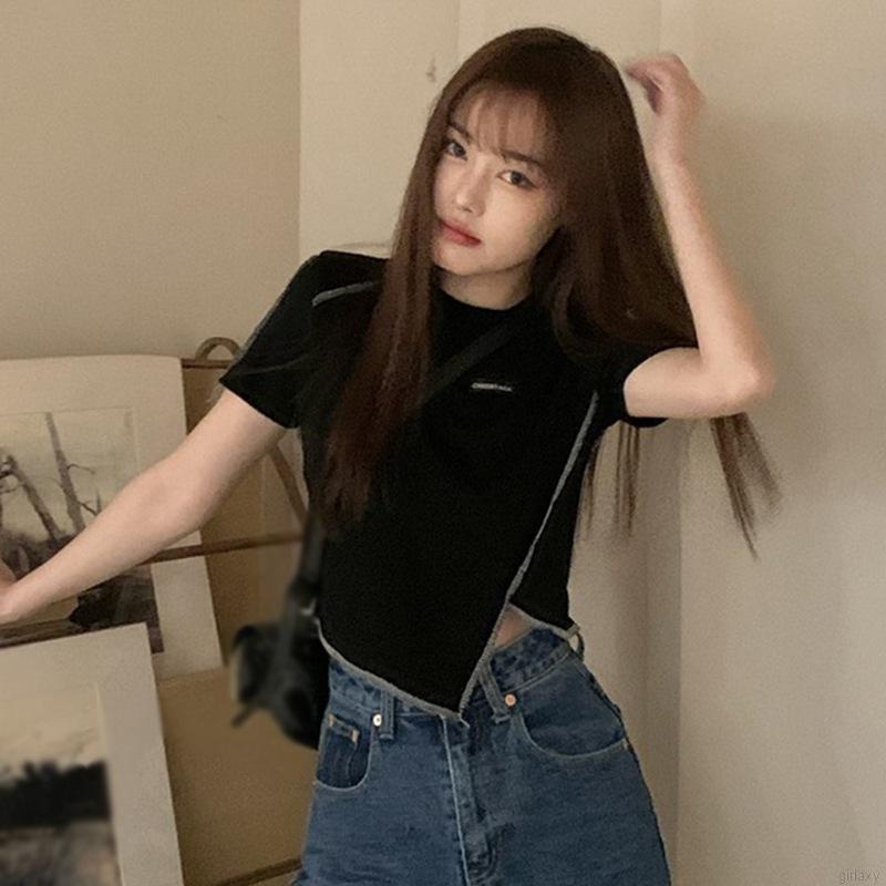 Áo Thun Crop Top Tay Ngắn Cổ Tròn Lệch Tà Kiểu Hàn Quốc Thời Trang Mùa Hè Cho Nữ