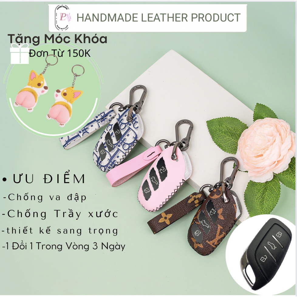 Bao da chìa khóa smartkey xe ô tô MG ZS MG HS MG5 2022 mẫu mới khâu tay móc đen MG