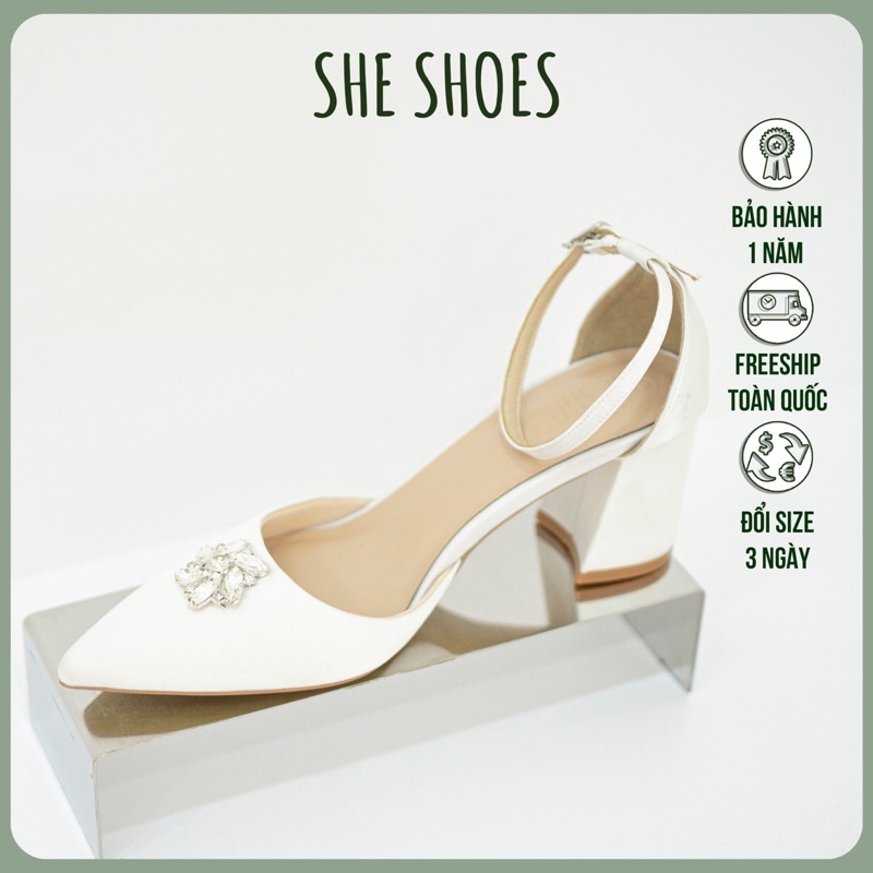 Sandal Giày cưới đính hoa đá gót vuông lụa satin cao cấp (NEW ARRIVAL) - GC07031