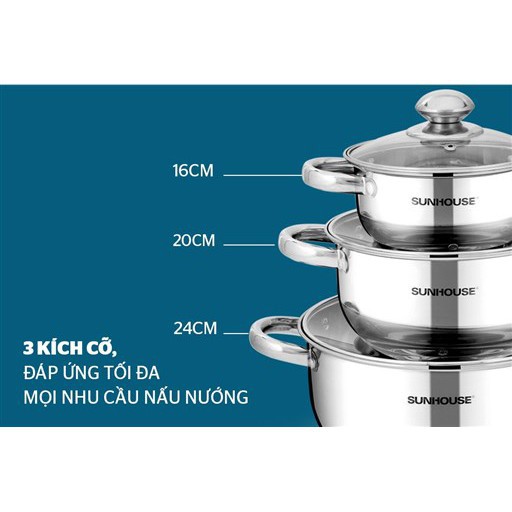 Bộ nồi inox Sunhouse 3 chiếc SH334