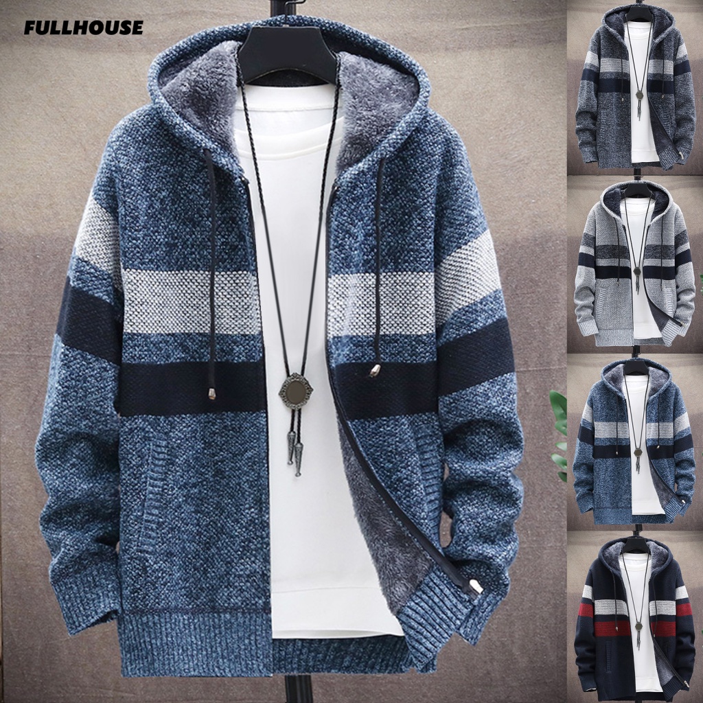 Áo Khoác Cardigan Dệt Kim Tay Dài Có Nón Phối Khóa Kéo Màu Sắc Thời Trang Thu Đông Cho Nam