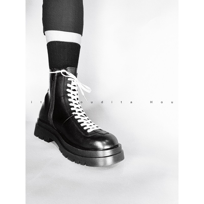 Boot cao cổ cổ lửng mũi vuông buộc dây đế cao quân đội hàn quốc - HOUDITA C-B01