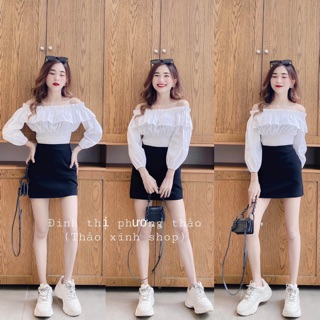 Set áo crtop trễ vai chun eo mix chân váy umi cực xinh