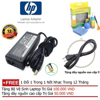 Sạc laptop hp 18.5v-3.5a chân vàng + tặng dây nguồn dài 1.8m, bộ vệ sinh laptop